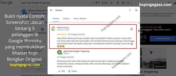 Screenshot ulasan bintang 5 dari bapak muhti hasona pelanggan setia agen resmi kopi bongkarr original tentang khasiat keharmonisan rumah tangga.